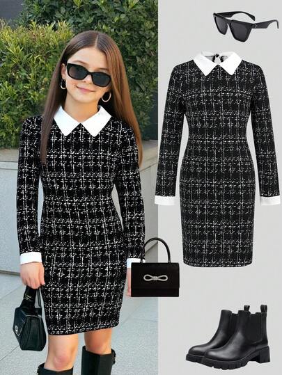 Firerie Kids Vestido ajustado con cuello y estampado de pata de gallo, elegante y de moda para niñas preadolescentes