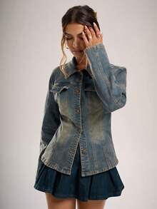 Avantive Women's Vintage Blue Long Sleeve Button Front Casual Denim Jacket - Medium Wash - View 3