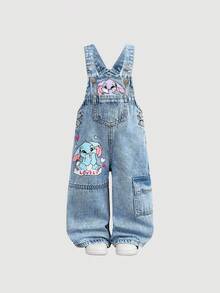 SHEIN Baby Girl  Cute Cartoon Rabbit Pattern Blue Denim Loose Bib Pants,Fall Clothes,Winter Clothing ,Casual And Fashionable Vacation Outfits,2000s Style  ,Christmas Clothing, Imitation Stitch Color  Cute Pattern, Workwear Pocket Denim Overall - Light Wash - View 6