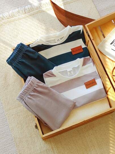 Vintaside Kids 4pcs Blue, White & Gray Striped Long Sleeve T-Shirt & Pants Set, Lightweight Outfit For Toddler Boys