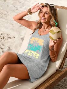 Sylviya 休闲椰树日落海滩印花夏季无袖连衣裙，适合外出、度假等场合，时尚百搭。 - 淺灰色 - 查看 5