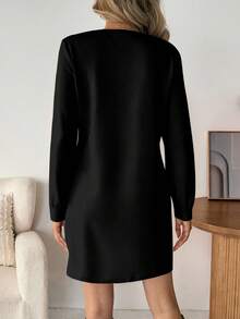 SHEIN LUNE Women's Crew Neck Long Sleeve Solid Ribbed Casual Shift Mini Dress Long Sleeve Black Dress,Casual - Black - View 2