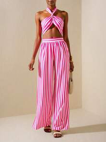Zivah Pink And White Striped,Summer,Casual,Vacation,Holiday Backless Halter Sling Long Wide Leg Jumpsuit Music Festival Beach Bohemian Tropical Travel - Hot Pink - View 4