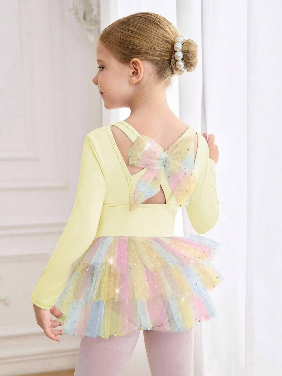 Mädchen Langarm Farbverlauf Tüll Ballettkleid, Kinder Farbverlauf Mesh Tutu Leotard Tanzkleidung