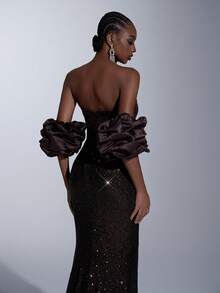 Elitara Thanh lịch, Lãng mạn, Thời trang, Tối giản Màu cà phê, Vải sequin, Vải chắp vá satin, Trang trí xương cá, Tay áo hình, Viền đuôi cá, Dài thướt tha, Thời trang, Người có ảnh hưởng, Ngày lễ, Kỳ nghỉ, Tiệc sinh nhật, Sự kiện cưới, Đầm dạ hội trang trọng - Cà phê nâu - Xem 2