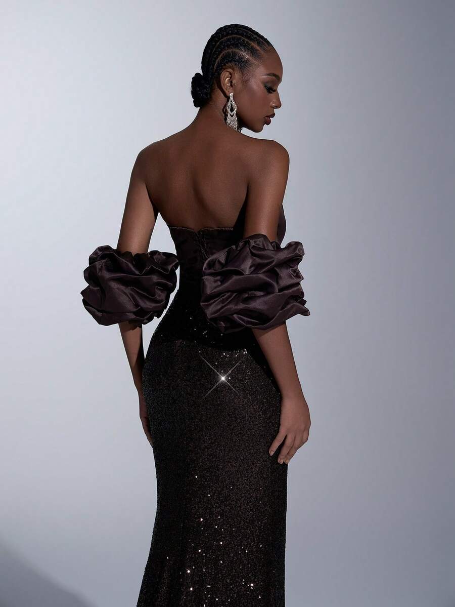 Elitara Thanh lịch, Lãng mạn, Thời trang, Tối giản Màu cà phê, Vải sequin, Vải chắp vá satin, Trang trí xương cá, Tay áo hình, Viền đuôi cá, Dài thướt tha, Thời trang, Người có ảnh hưởng, Ngày lễ, Kỳ nghỉ, Tiệc sinh nhật, Sự kiện cưới, Đầm dạ hội trang trọng