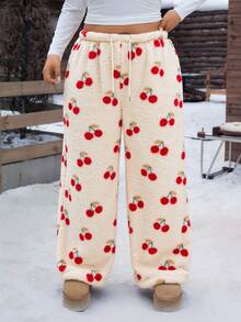 Comfortcana Plus Size Women Cherry Graphic Fleece Drawstring Casual Sweatpants, Autumn/Winter - Multicolor - View 10