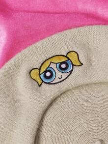 THE POWERPUFF GIRLS X SHEIN Beretă brodată cu desene animate pentru femei, la modă, de zi cu zi - Bej - Vizualizare 3