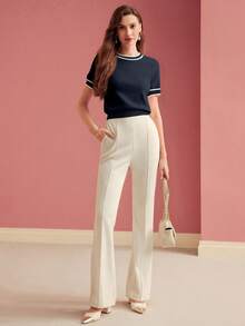 MOTF PREMIUM CONTRAST TRIM SHORT SLEEVE KNIT TOP KNIT PULLOVER FALL WINTER - Blue - View 5