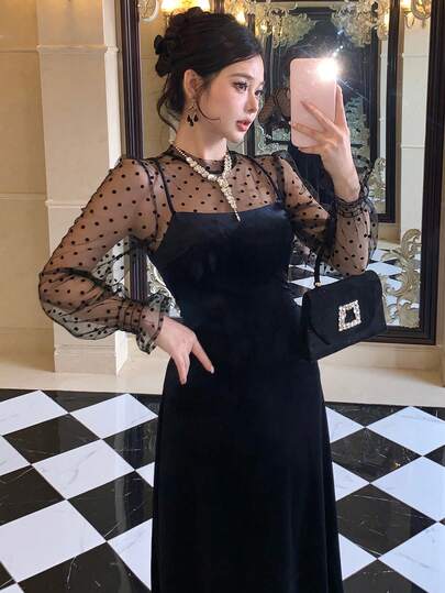 DAZY 女士波点网纱拼接长袖优雅中长连衣裙