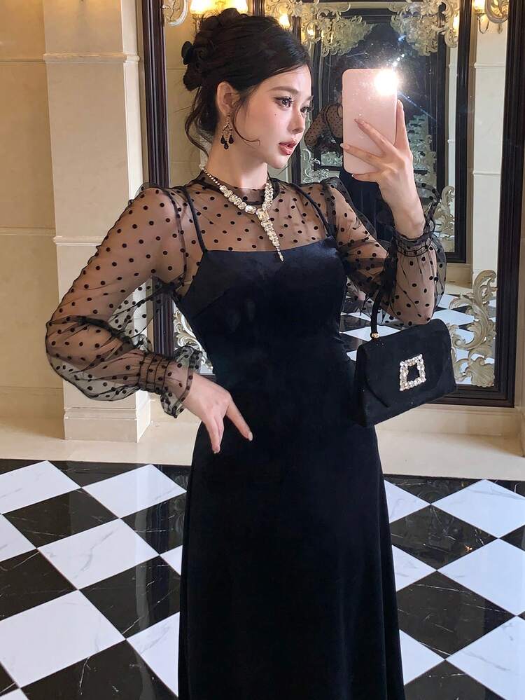 Women's Polka Dot Mesh Patchwork Long Sleeve Elegant Mid-Length Dress