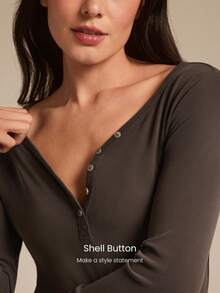 GLOWMODE Modal Ribbed Cozy Confidence Soft Stretchy Breathable Distressed Curved Neckline Buttons Hip Length Long Sleeve Top  Daily Casual Wear Spring Summer - Brown - View 3