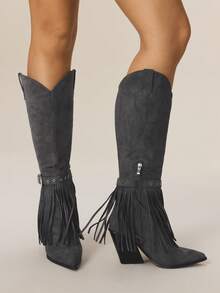 Styleloop Women's Over-The-Knee Woven Boots, Suitable For Vacation, Boho, Western, And Music Festival Styles - Dark Grey - View 3