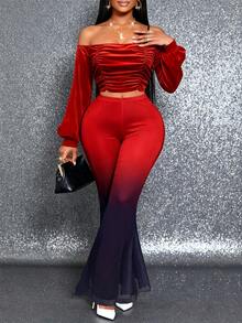 INAWLY Plus Size Solid Color Off Shoulder Ruched Cropped Top + Ombre Flare Pants 2-Piece Set - Black - View 4
