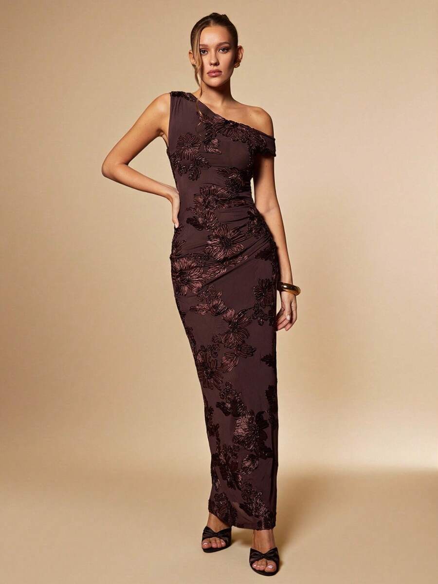 Silquee 优雅派对3D立体花卉不对称修身连衣裙 - 棕色 - 查看 1