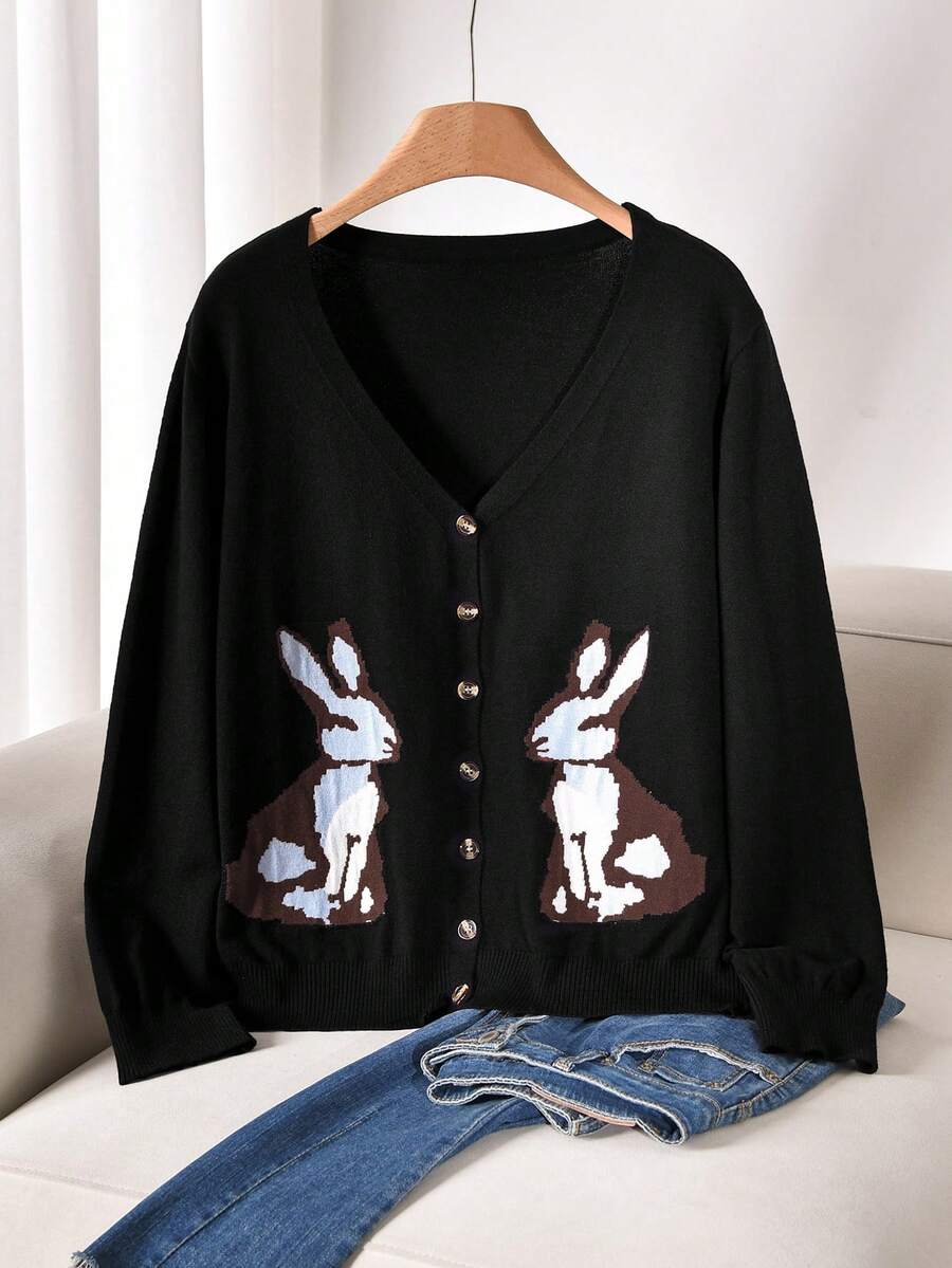 CosyJoli Plus Size Women Cartoon Rabbit Pattern Single-Breasted Long Sleeve Casual Knit Cardigan/Winter - Black - View 1