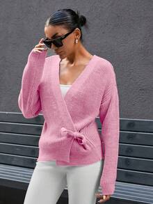 SHEIN 女式 V 领蝴蝶结灯笼袖超大开衫 - 淺粉色 - 查看 6