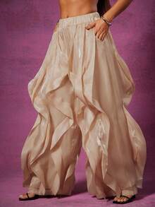 Vixey Quần ống rộng xếp nếp organza cạp chun - Màu be - Xem 5