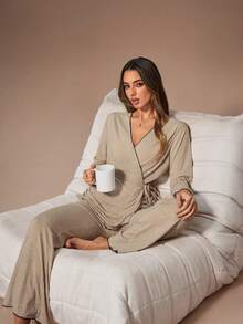 Lazeform Women's V-Neck Criss-Cross Tie Long Sleeve Flared Leg Pajama Set, Autumn/Winter V Neck Lounge Wear 2 Piece Lounge Sets Woman Lounge Wear Women Set Lounge Wear Set V Neck Lounge Set - Khaki - View 7