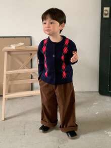 DAZY Chaqueta de punto de manga larga con patrón de rombos para bebés/niños pequeños, otoño/invierno - Azul - Ver 3