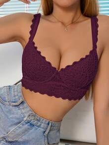 SHEIN Women Sexy Elegant Solid Color Floral Lace Scallop Trim Push Up Underwire Instantlift Bra Lingerie - Purple - View 4