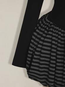 SHEIN ICON Plus Size Women's Autumn/Winter Fashion Sexy Avant-Garde Bold Punk Style Black Backless Ripped Slim Fit T-Shirt And Black And Gray Striped Tulip Skirt Casual Set - Black - View 6