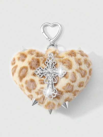 Kawaii 1 pezzo Portachiavi stile retrò Y2K punk goth, in finta pelliccia leopardata marrone con rivetti, pendente a cuore 3D e croce, adatto per donne, uso quotidiano o regalo, Ognissanti