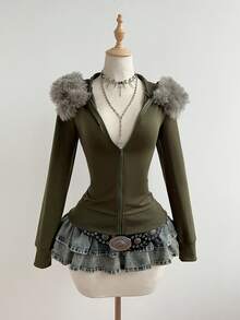 Women's Fitted Zip-Up Sweatshirt With Detachable Faux Fur Collar, Sweet & Cool Girl Style, Autumn/Winter - Army Green - View 3