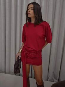 MUSERA Váy dáng suông, vai vuông, ôm sát, chi tiết xếp ly, kiểu áo thun, phong cách đường phố, dễ thương, thanh lịch, thường ngày, gợi cảm, màu kẹo bơ cứng, sang trọng, thích hợp cho ngày lễ tình nhân, mùa hè. - Đỏ - Xem 3