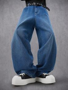 Manfinity Denimwave Autumn/Winter Streetwear Washed Blue Straight Loose Fit Embroidered Slogan Jeans Baggy Jeans Y2k