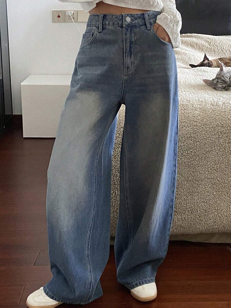 DAZY 女式高腰口袋阔腿宽松休闲牛仔裤 - 藍色 - 查看 1