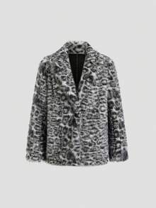 SHEIN Unity 1 件女式常规夹克，黑色，休闲，通勤，豹纹人造毛皮拼接，适合日常、通勤、休闲穿着 - 黑色 - 查看 3