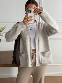 Livesso Áo khoác cardigan dài tay tối giản màu trơn có túi dành cho nữ, thích hợp mặc hàng ngày vào mùa thu - Màu be - Xem 3