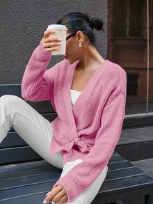 SHEIN 女式 V 领蝴蝶结灯笼袖超大开衫 - 淺粉色 - 查看 7