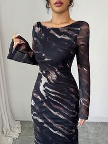 Modelyn Animal Print Leopard Pattern Boat Neck Cinched Waist Long Sleeve Mesh Dress, Autumn - Multicolor - View 6