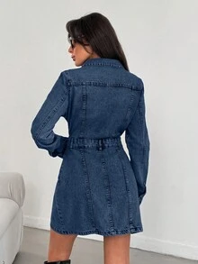 EURMUSE Autumn Fashion Front Button Denim Dress For Commuting - Dark Wash - View 2