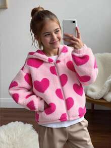 SHEIN 少女宽松休闲毛绒爱心拉链长袖连帽双面抓绒外套，适合居家、户外和学校穿着。 - 淺粉色 - 查看 3
