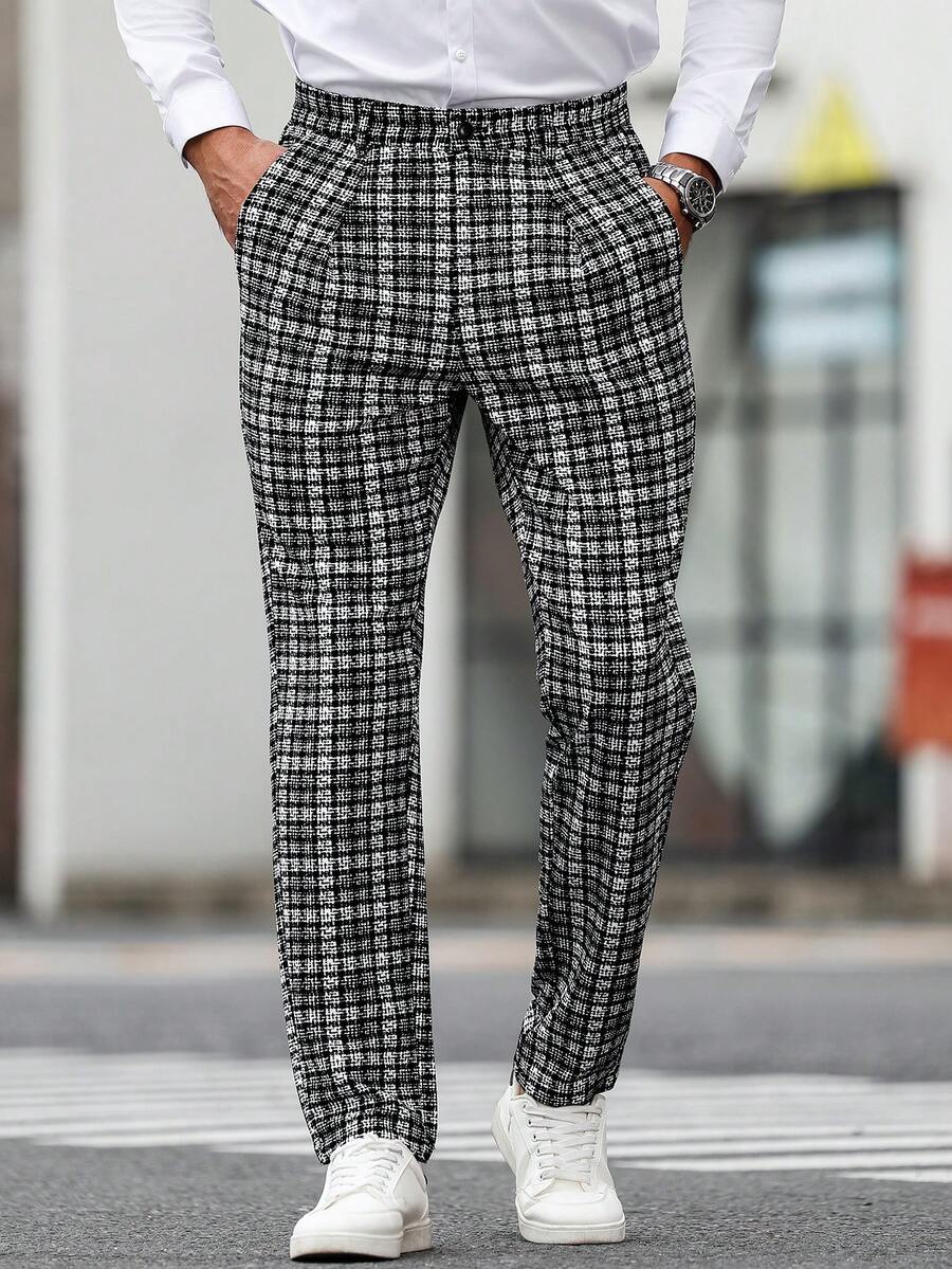 Manfinity Mode Men's Fashionable Commuter Plaid Tapered Pants Men Trouser Men Black And White Pants Men Pants Designer Pants For Men Men Plaid Pants Old Money,Daily Leisure, Weekend Trips, Outdoor Activities, Travel Expeditions, Relaxed Work Environments Or Semi-Formal Occasions, Boyfriend/Husband Gift, Anniversary Gift Party Christmas