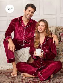 CoupledUp 男士纯色丝绒纽扣长袖家居服套装，冬季服装