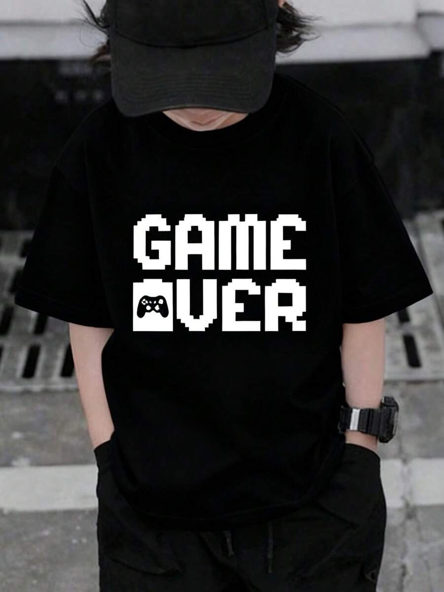 男童休闲游戏印花圆领短袖T恤，夏季 - 黑色 - 查看 1