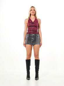 SUMWON WOMEN Top de tirantes con cuello halter y diseño con escote cowl en color borgoña con lentejuelas y espalda descubierta, perfecto para fiestas y salidas nocturnas - Burdeos - Ver 3