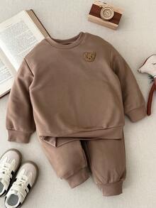 Blossori 男童法式优雅小熊图案圆领卫衣和运动裤套装 - 棕色 - 查看 1