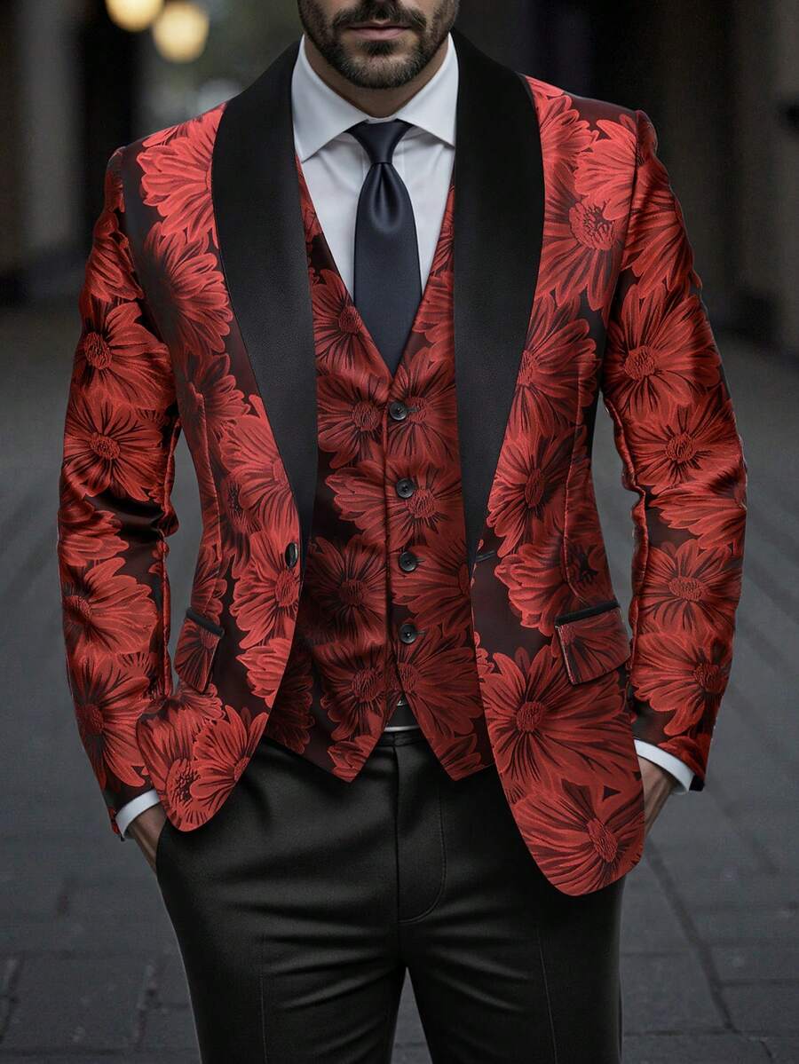 Manfinity AFTRDRK 男士经典服饰，吸睛派对/晚宴装，婚礼理想之选，主人之选，奢华男士西装套装，男士西装外套和裤子，男士两件套，花卉图案舞会西装，男士派对礼服，适合各种场合。 - 紅色 - 查看 1