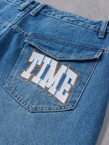 Manfinity Denimwave Autumn/Winter Streetwear Washed Blue Straight Loose Fit Embroidered Slogan Jeans Baggy Jeans Y2k