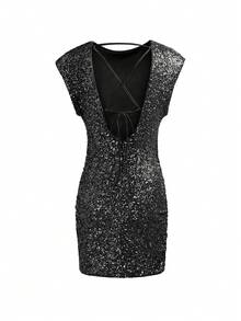 INAWLY Đầm mini tay cánh dơi cổ tròn màu trơn đính sequin cho nữ - màu đen - Xem 2