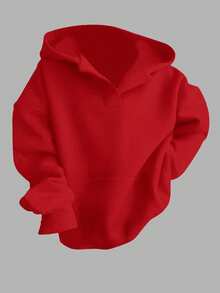 SHEIN EZwear 红色休闲简约宽松女式长袖卫衣，带口袋，适合新年派对 - 紅色 - 查看 2