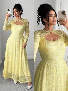 Elenzga 大码女式优雅法式性感修身镂空长袖 A 字蕾丝连衣裙 - 淡黃色 - 查看 5