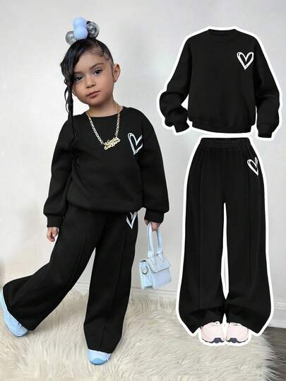 Young Girl Casual Heart Print Knit Solid Color Loose Drop Shoulder Long Sleeve Sweatshirt & Wide Leg Sweatpants Set Fall Winter Kid 2 Piece Set