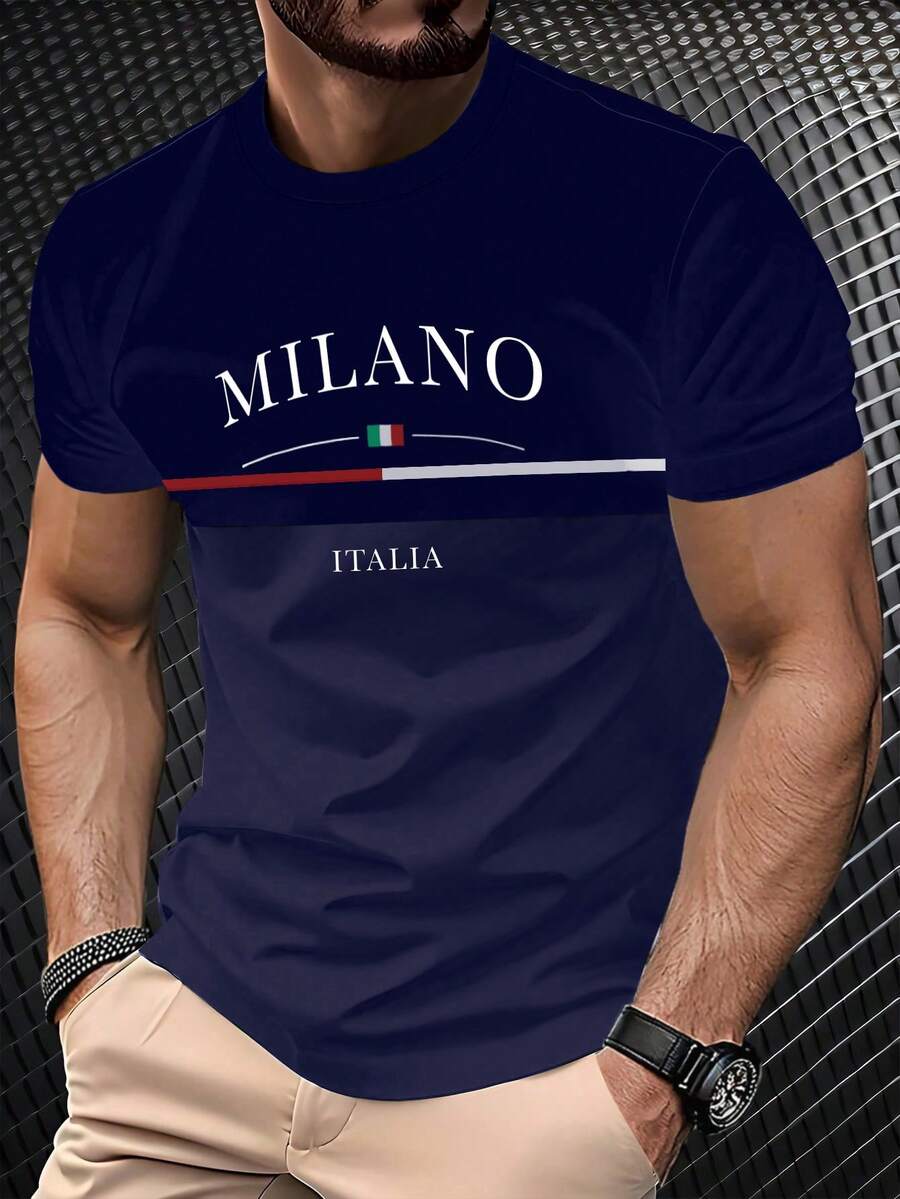 Manfinity Homme Áo thun nam cổ tròn tay ngắn họa tiết sọc nhiều màu Milan Italy, Áo thun cổ tròn họa tiết sọc khối màu cổ điển cổ điển - Nhiều màu - Xem 1