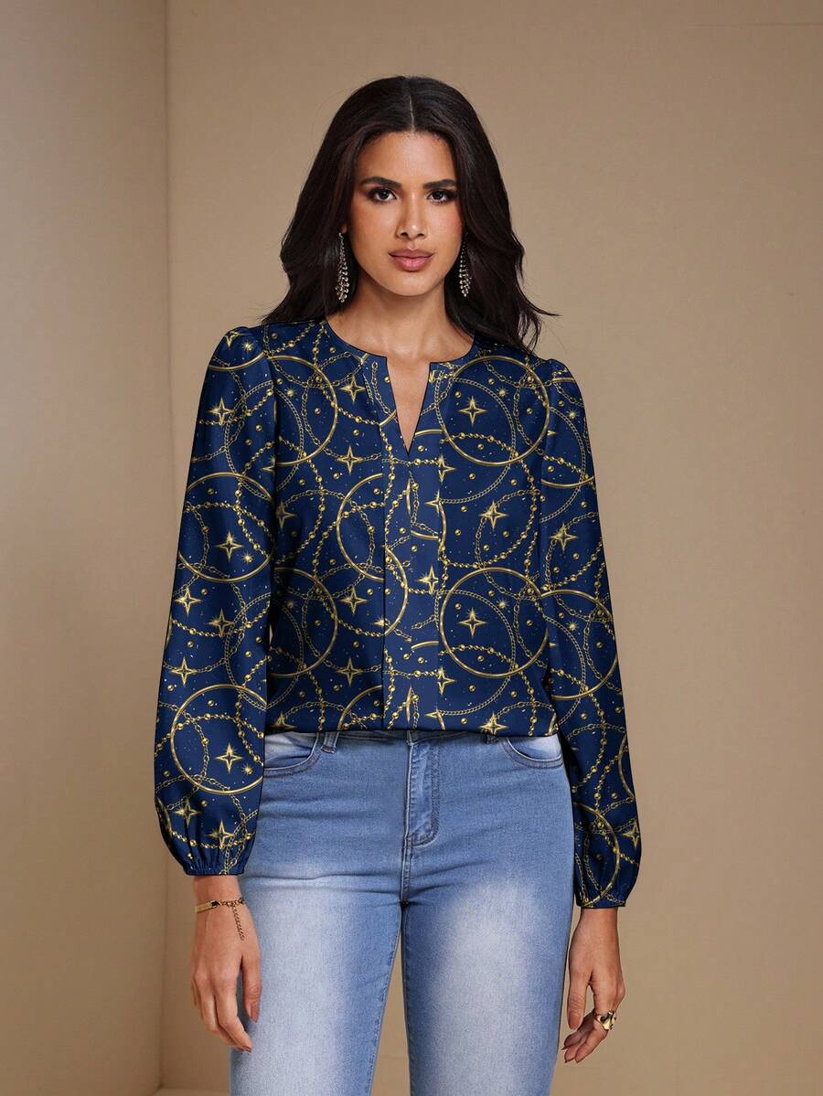 Glamance Vecteezy Marineblau & Gold Kreis Dekor Lässig Minimalistisches Damen Shirt, geeignet für Frühling & Herbst - Verschiedenfarbig - Übersicht 1